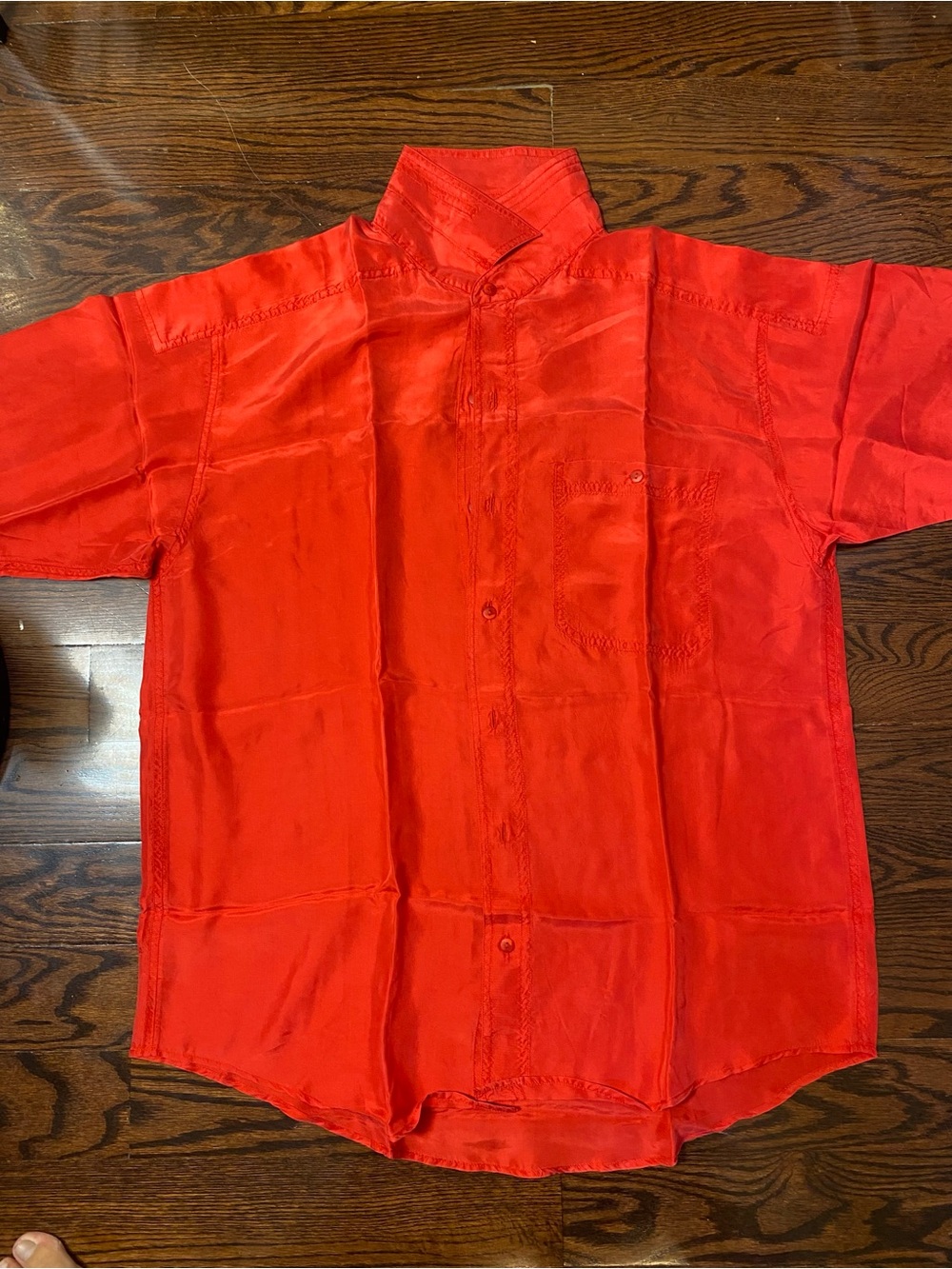 VTG Creative Edge 100% Silk Blouse L - Red Oversized Button Up Pocket Top 80s